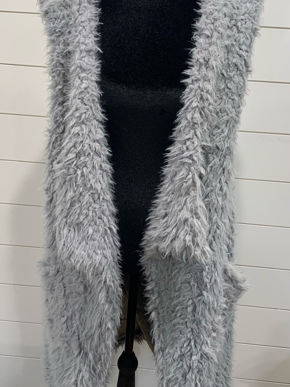 Shaggy Faux Fur Open-Front Vest — Light Gray